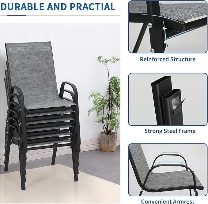 Patio Chairs Set of 6, Outdoor Stackable Dining Chairs | All Weather Textilene - Image 7