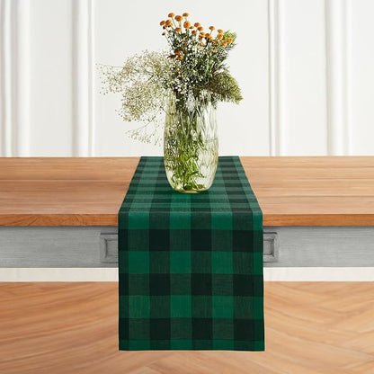 Solino Home Linen Checkered Table Runner 108 Inches Long - 100% Pure Linen Green and Black Buffalo Check Table Runner 14 x 108 Inch Ideal for Dining, Winter