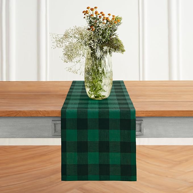 Solino Home Linen Checkered Table Runner 36 Inches - 100% Pure Linen Buffalo Check Green and Black Table Runner 14 x 36 Inch Ideal for Dresser and Coffee Tables - Winter