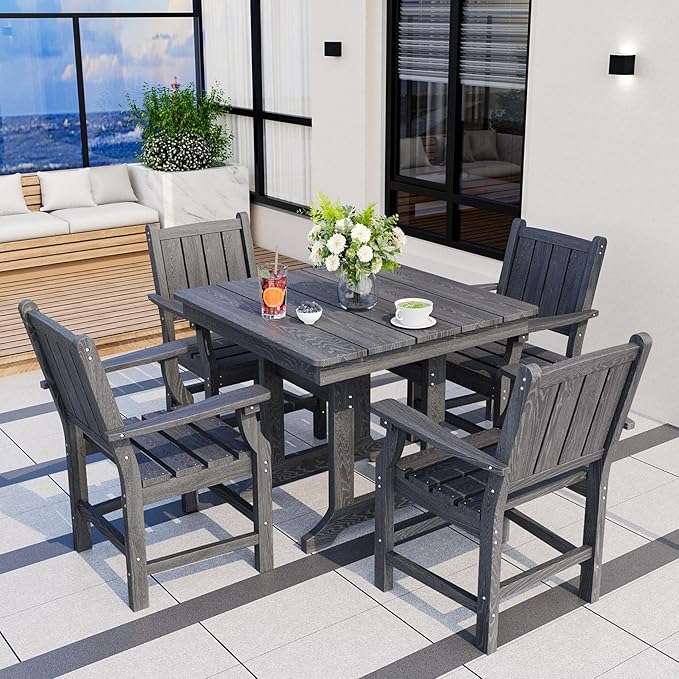 Pamapic 5 PCS Outdoor Dining Set, Spacious HDPE Outdoor Table and Chairs, Wood Grain Patio Furniture Sets with Elegant Armrest, All-Weather Patio Dining Table with Umbrella Hole, Gray