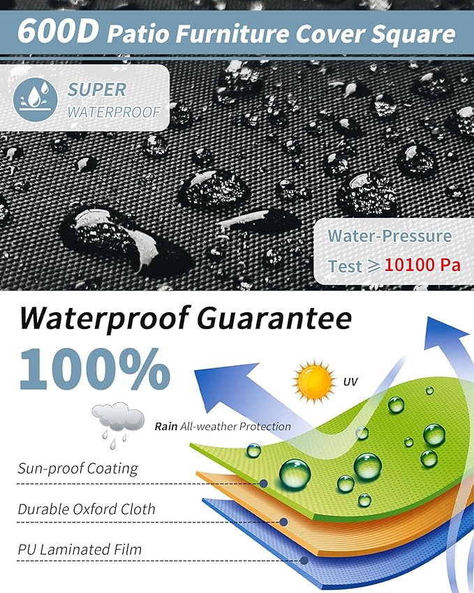 Outdoor Waterproof Furniture Cover, 74W x 74L x 28H inches Heavy Duty 600D Square Table and Chair Set Protection, Black