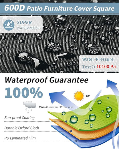 Outdoor Waterproof Furniture Cover, 62W x 62L x 28H inches Heavy Duty 600D Square Table and Chair Set Protection, Black
