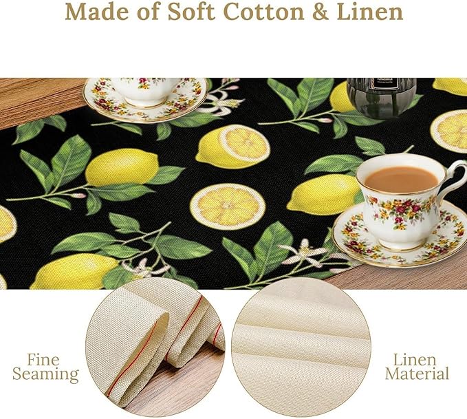 Watercolor Lemon Table Runner, Spring Summer Seasonal Green Leaves Flowers Yellow Fruits Print Table Runner for Farmhouse Kitchen Dining Table Home Party Indoor Decor 13x90in