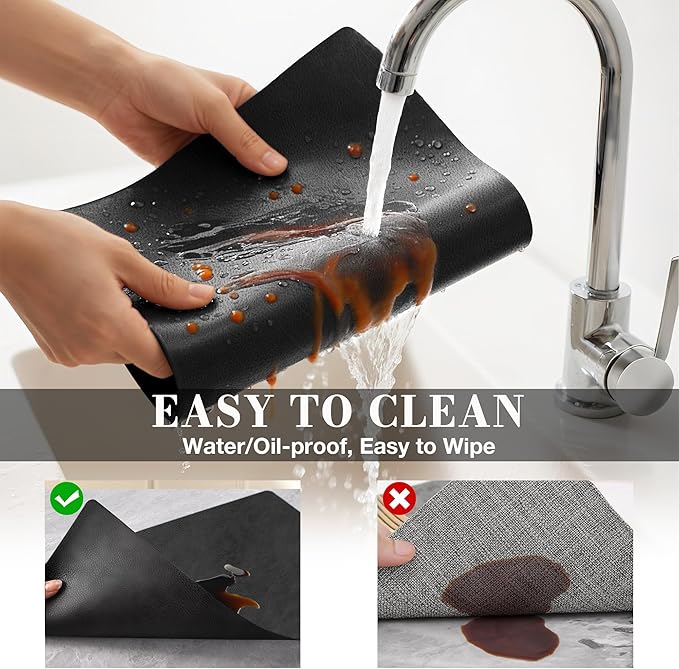 Roxifina Faux Leather Placemats Set of 4 - Vinyl Placemats Wipeable Waterproof Oil-Proof PU Place Mats Heat Resistant Reversible Table Mats for Dining, Kitchen, Outdoor, 12 x 17 Inch (Washed Black)
