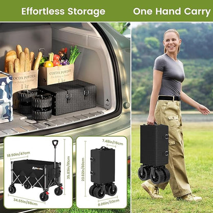 Collapsible Wagon Cart, 150L Heavy Duty Foldable Beach Wagon with Wider Wheels & Auto-Rebound Handle, Utility Grocery Shopping Cart for Garden, Shopping, Camping, Sports, Black