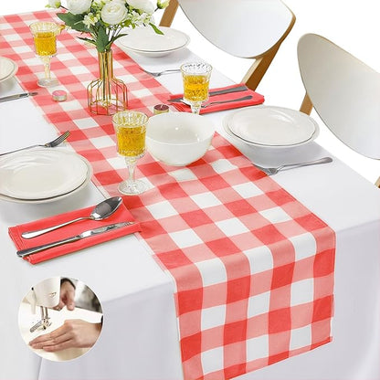 Fabric Checkered Table Runner 12 Pack Waterproof Gingham Table Runner 14W x 108L Buffalo Check Table Runners for Parties Kitchen Dining Wedding Banquet (Red and White)