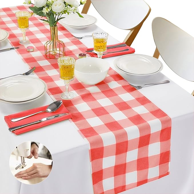 Fabric Checkered Table Runner 1 Pack Waterproof Gingham Table Runner 14W x 108L Buffalo Check Table Runners for Parties Kitchen Dining Wedding Banquet (Red and White)