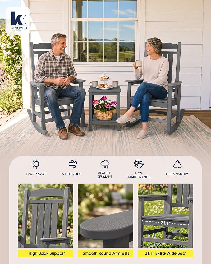 Oversized Outdoor Rocking Chairs Set of 4, Porch Rocker Unique Gray | - Image 8