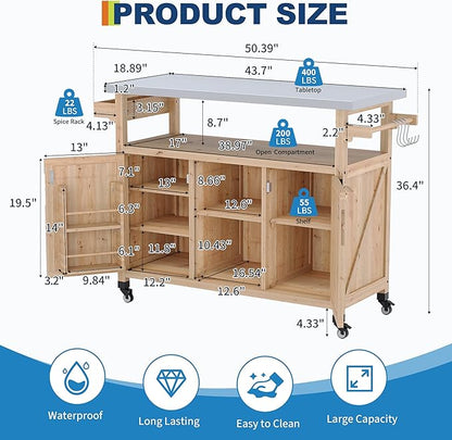 Garvee Outdoor Grill Cart with Storage, Outdoor Bar Cart Rolling BBQ Movable Pizza Oven Table Stand, Kitchen Island Carts with Stainless Steel Top, Spice Rack, Towel Rack & Storage Cabinet, Natural