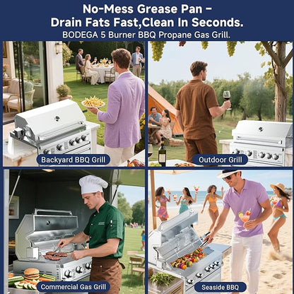 BODEGA 30 Inch 5-Burner Propane Gas Grill with Rotisserie Chicken Fork Kit, 58000-BTU Outdoor Gas Grill for Kitchen, LPG/NG Convertible, Backyard BBQ Grill with Temperature & Rear Infrared Burner.
