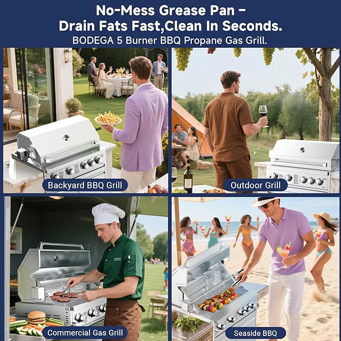 BODEGA Stainless Steel Outdoor Kitchen Propane Gas Grill and Outdoor Kitchen Cabinets for BBQ with 2 Drawers and Propane Tank Storage,Thermometer & Rotisserie Chicken Fork Kit, Seaside BBQ, Camping.