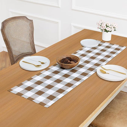 Solino Home Table Runner 36 Inches - 100% Pure Linen Buffalo Check Coco Brown and White Table Runner 14 x 36 Inch Ideal for Dresser and Coffee Tables
