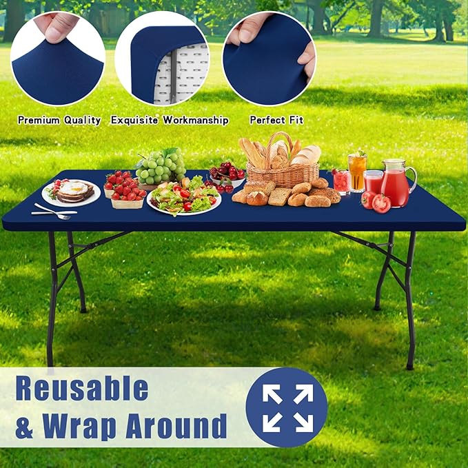 Spandex 5 Foot Rectangle Table Cloth 6 Pack, Elastic Fitted Tablecloths for Picnic, Stretch Washable Patio Table Cover for Outdoor, Camping, Banquet and Parties (Navy, 30"x60")