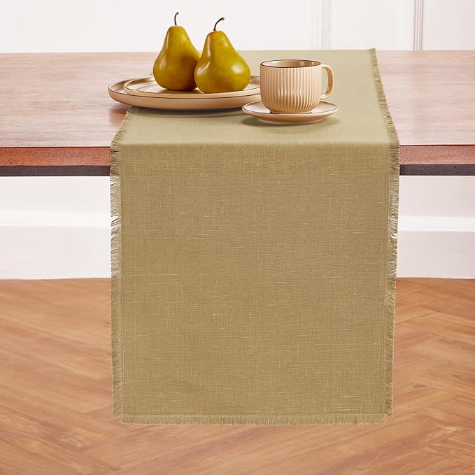 Solino Home Fringe Linen Table Runner 60 Inches - 100% Pure Linen Kelp Table Runner 14 x 60 Inch Ideal for Dresser and Coffee Tables, Spring