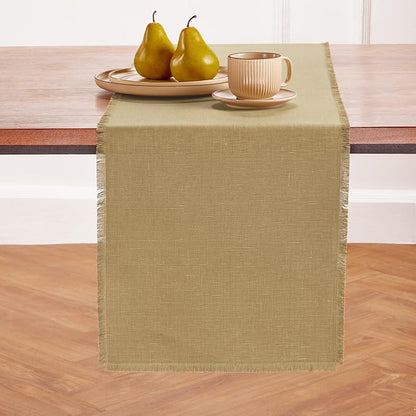 Solino Home Fringe Linen Table Runner 108 Inches Long - 100% Pure Linen Kelp Dining Table Runner 14 x 108 Inch for Spring - Handcrafted and Machine Washable