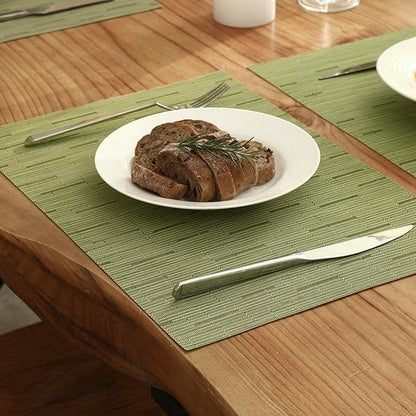 Leetaltree Pea Green Placemats Set of 6 - Heat Resistant Non-Slip Place mats for Dining Table, Washable Durable PVC Vinyl Woven Table Mats（Pea Green, 6）