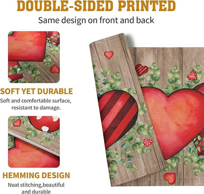 Valentines Day Wooden Plank Placemats Set of 4, 12x18 Inch Valentine Eucalyptus Leaves Heart Dining Table Placemats Wedding Washable Heat Resistance Place Mats for Party Kitchen Dining Decor