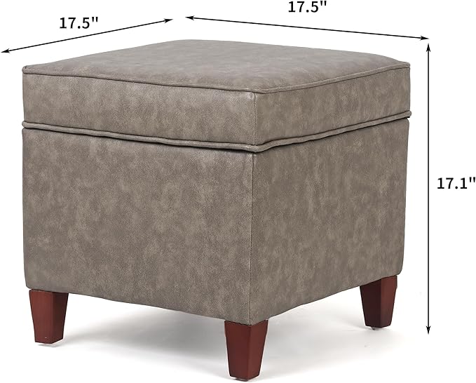 Adeco 17.5" Square Faux Leather Ottoman with Storage - Upholstered PU Foot Rest - Flip Top Footstool with Sturdy Wood Legs, Small Cube Coffee Table Extra Seat for Living Room, Bedroom, Coffee Brown