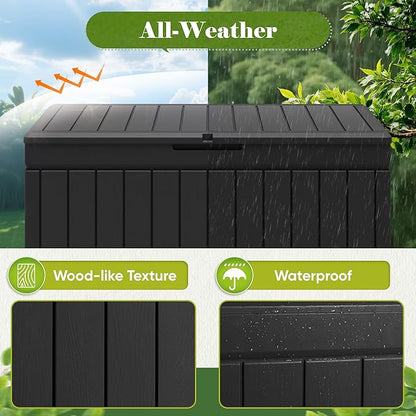 Flamaker Outdoor Storage Box 80 Gallon Resin Waterproof Deck Box Delivery Box with Wood Texture Large Storage Bin for Patio Cushions (Black)