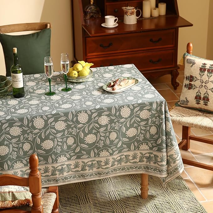 ISAENNE Designer Grayish Green Linen Extra Long Tablecloth Rectangle,Floral Stain Resistant Table Cloth,Fall Vintage Decor Tablecloths for Dining Thanksgiving Kitchen,67"*118"-Andrew A