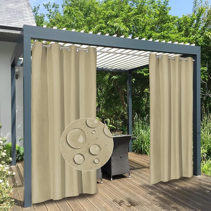 Easy-Going 100% Waterproof Outdoor Curtains 54x84 inch, Khaki | Windproof by Easy-Going