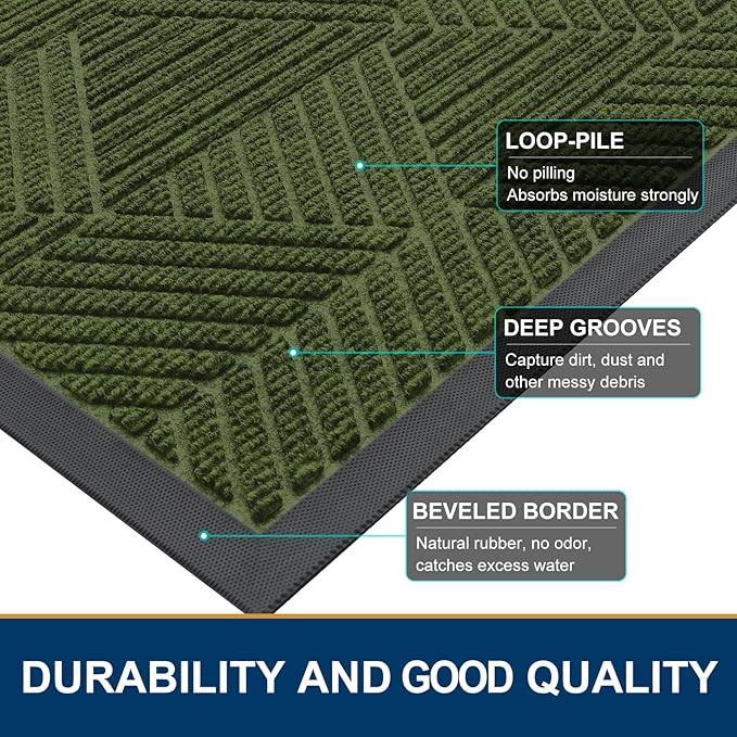 Smiry Front Door Mat Outside Entrance, Heavy Duty Sturdy Natural Rubber Doormat, Trap Dirt and Moisture, Easy Clean Low Profile Mats for Indoor Outdoor Entry, Irregular Triangle (36x24, FST-Green)