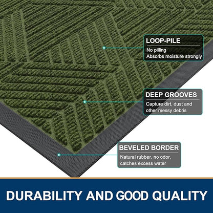 Smiry Front Door Mat Outside Entrance, Heavy Duty Sturdy Natural Rubber Doormat, Trap Dirt and Moisture, Easy Clean Low Profile Mats for Indoor Outdoor Entry, Irregular Triangle (36x24, FST-Green)