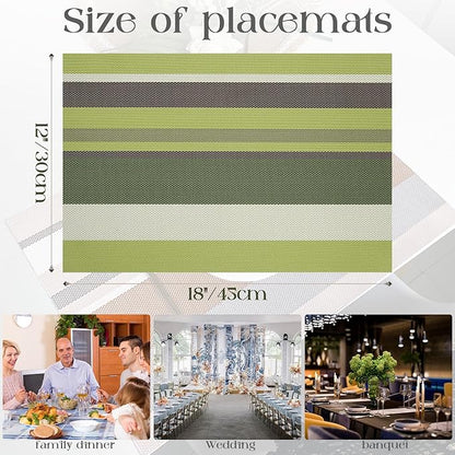 Set of 6 Colorful Striped Vinyl Placemats Heat-Resistant Washable Placemats Non-Slip Woven Table Mats Wipeable Placemat for Kitchen Dining Table Decoration Indoor Outdoor (Meadow Green)
