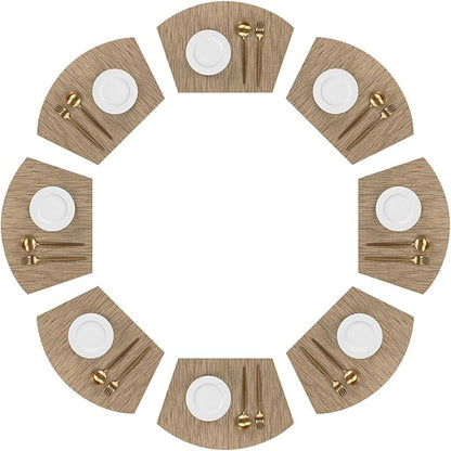 SHACOS Round Table Placemats Wedge Placemats Set of 8 Woven Vinyl Curved Table Mats Washable Indoor Outdoor (8, Tan)