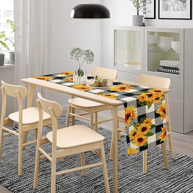 Yellow Sunflower Table Runner, Vintage Farmhouse Black White Sunshine Sunflowers Print for Autumn Farmhouse Home Kitchen Table Decoration,13x70inch