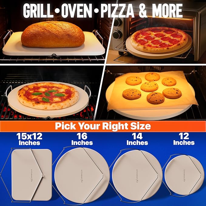 KitchenStar 14-inch Pizza Stone for Oven and BBQ Grill with Handles, Round, 5/8" Thick - Natural Cordierite, 1800 °F Resistant, Baking Stone Set with Stainless Steel Rack & Plastic Scraper Tool