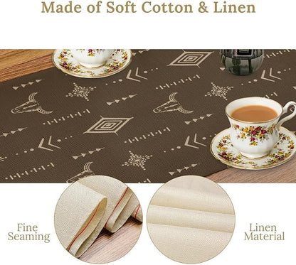 Western Cow Skull Table Runner,Vintage Boho Aztec Cow Ethnic Pattern Printed Table Runner for Home Kitchen Dining Farmhouse Coffee 13x120in