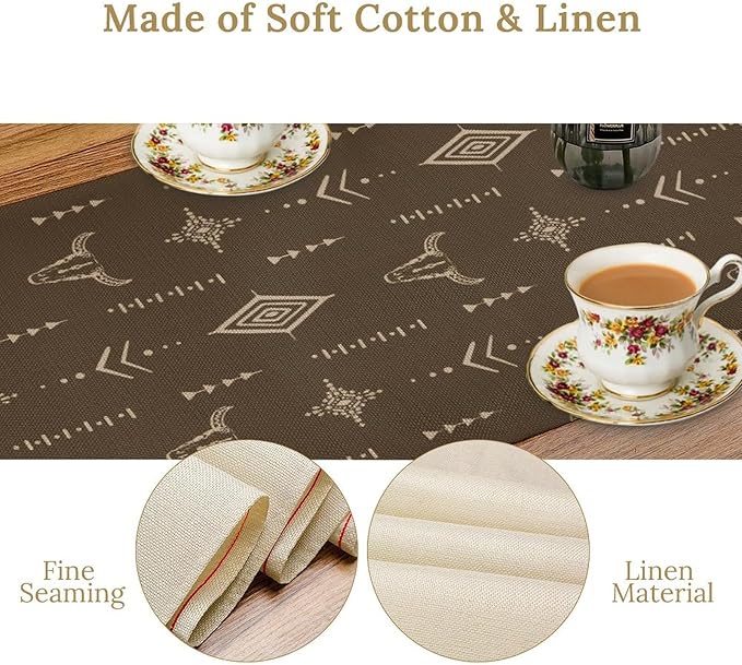 Western Cow Skull Table Runner,Vintage Boho Aztec Cow Ethnic Pattern Printed Table Runner for Home Kitchen Dining Farmhouse Coffee 13x108in