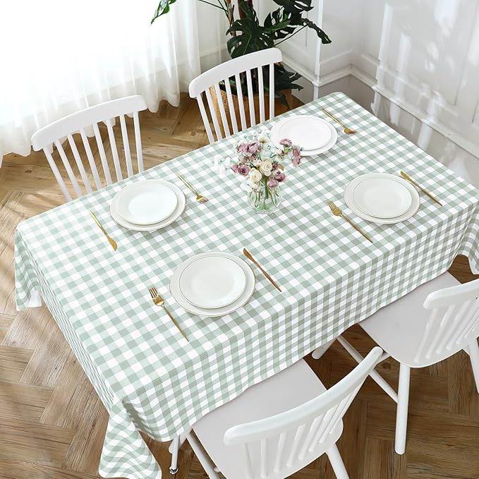 Romanstile Rectangle Vinyl Tablecloth, 100% Waterproof Checkered Plastic Table Cloth, Heavy Duty Buffalo Gingham Table Cover for Dining, Camping, Picnic, Outdoor - 54 x 120 Inch, Light Grey
