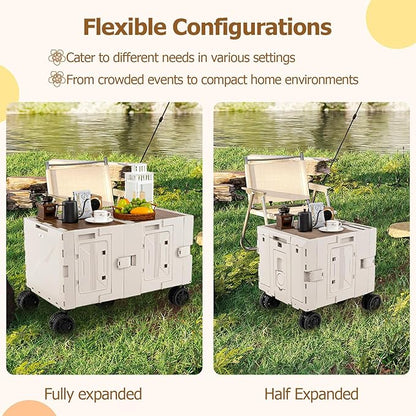 Goplus Large Foldable Utility Cart w/ 2-Tier Storage Crates, 5 Rotate Wheels, Metal Telescoping Handle, Portable Rolling Trolley Collapsible Cart for Grocery Shopping Camping & Travel