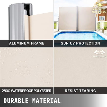 VEVOR Retractable Side Awning, UV 50 71''x236'' Rugged Full Aluminum Rust-Proof Side Awning Patio Sunshine Privacy Divider, 280 g Thicken Wind Screen, for Courtyard, Roof Terraces Pools, Beige