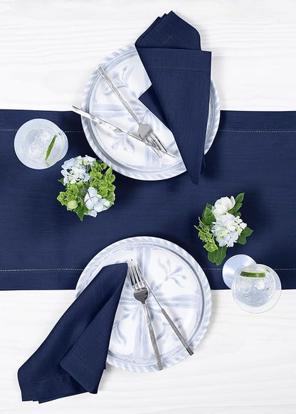 Solino Home Linen Navy Blue Table Runner 108 Inches Long - 100% Pure Linen 14 x 108 Inch Table Runner for Easter - Classic Hemstitch