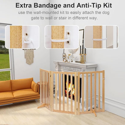 36" Height Extra Tall Freestanding Pet Gate, Solid Wood Folding Safety Fence Wooden Dog Gate with 2 PCs Support Feet Ideal for Stairs, Doorways, Halls, Kitchens, Heavy Duty Gates, 3 Panels, Oak