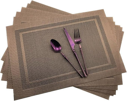 Gugrida Placemats Set of 6 Plaid Checkered Brown PVC Placemat for Dining Table Durable Woven Vinyl Stain tablemats 18"X12"