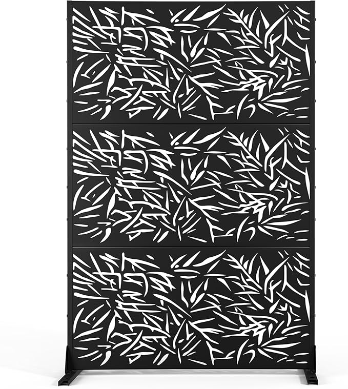 Metal Privacy Screen Outdoor Freestanding Privacy Wall Panels and Decorative Patio Dividers, Crafted from Steel with Sun-Proof Design, Ideal for Patio, Deck, Garden,72" H×47" L（Black&Bamboo）