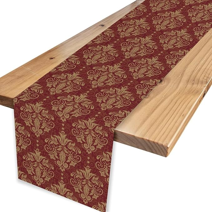 Red Damask Table Runner, Rustic Gothic Baroque Style Floral Boho Flower Antique Coffee Vintage Retro Table Center Decor for Kitchen and Dining Outdoor Home Country Party Table Decorations, 13"x90"