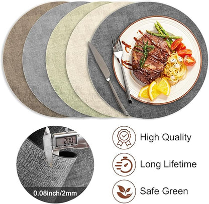Round Faux Leather Placemats and Coasters, Set of 4, Reversible Heat Resistant Non-Slip Table Mats, Waterproof Wipeable Place Mats for Dining Table, Washable for Indoor & Outdoor (4, Dark Grey)