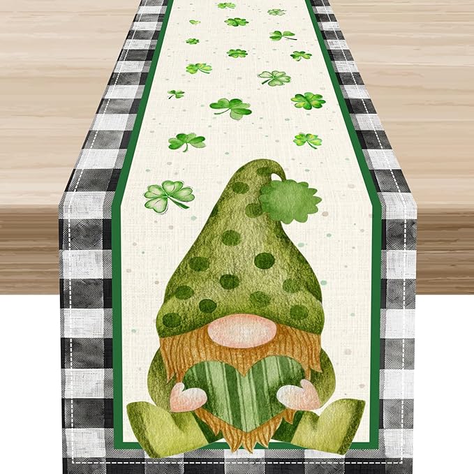 St.Patrick's Day Table Runner,Vintage Black White Plaid Green Polka Dot Gnome Shamrock Seasonal Spring Table Center Decor for Home Kitchen Dining Patio Party Indoor Decorations, 13"x72"