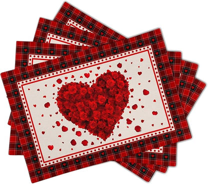 Giwawa 4PCs Valentines Day Placemats 12x18 Inch Love Hearts Rose Flower Place Mat Red Black Buffalo Plaids Non Slip Heat Resistant Table Mats for Kitchen Dining Holiday Wedding Anniversary Decor