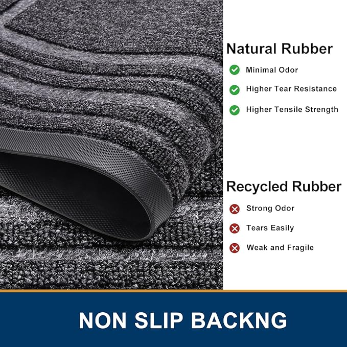 Buganda Front Door Mat Indoor Outdoor Entrance, Non-Slip Natural Rubber Doormats, Easy Clean, Low Profile, Dirt Trapper Entryway Floor Mats for Outside, Garages and Patios, 36x24, Silver Grey