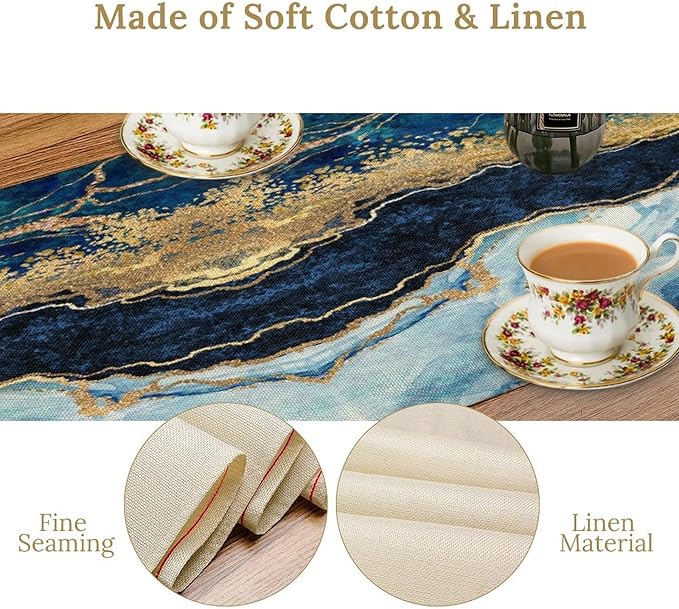 Marble Table Runner, Blue Texture Abstract Art Print Table Runner for Indoor Home Living Room Party Dining Kitchen 13x120in