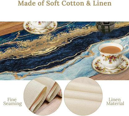 Marble Table Runner, Blue Texture Abstract Art Print Table Runner for Indoor Home Living Room Party Dining Kitchen 13x60in