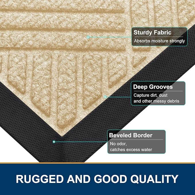 Smiry Front Door Mat Outside Entrance, Heavy Duty Outdoor Indoor Natural Rubber Doormat, Non Slip, Trap Dirt and Moisture, Easy Clean, Low Profile Patio Porch Entryway Mat, 71x47, Beige