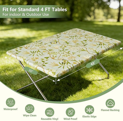 Rectangle Picnic Table Cloth, Elastic Waterproof Fitted Vinyl Tablecloths for 4 Foot Tables, Wipeable Flannel Backed Table Covers for Dining, Camping, Outdoor(Leaves,30"x48")