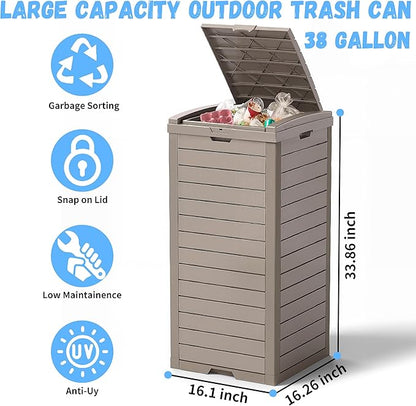 38 Gallon Outdoor Trash Can with Lid, Waterproof Resin Outdoor Trash Can Bottom with Pull-Out Liquid Drawer, Dual Lid Closure Garbage Can for Kitchen, Hideaway, Deck, Patio(Deep Grey)